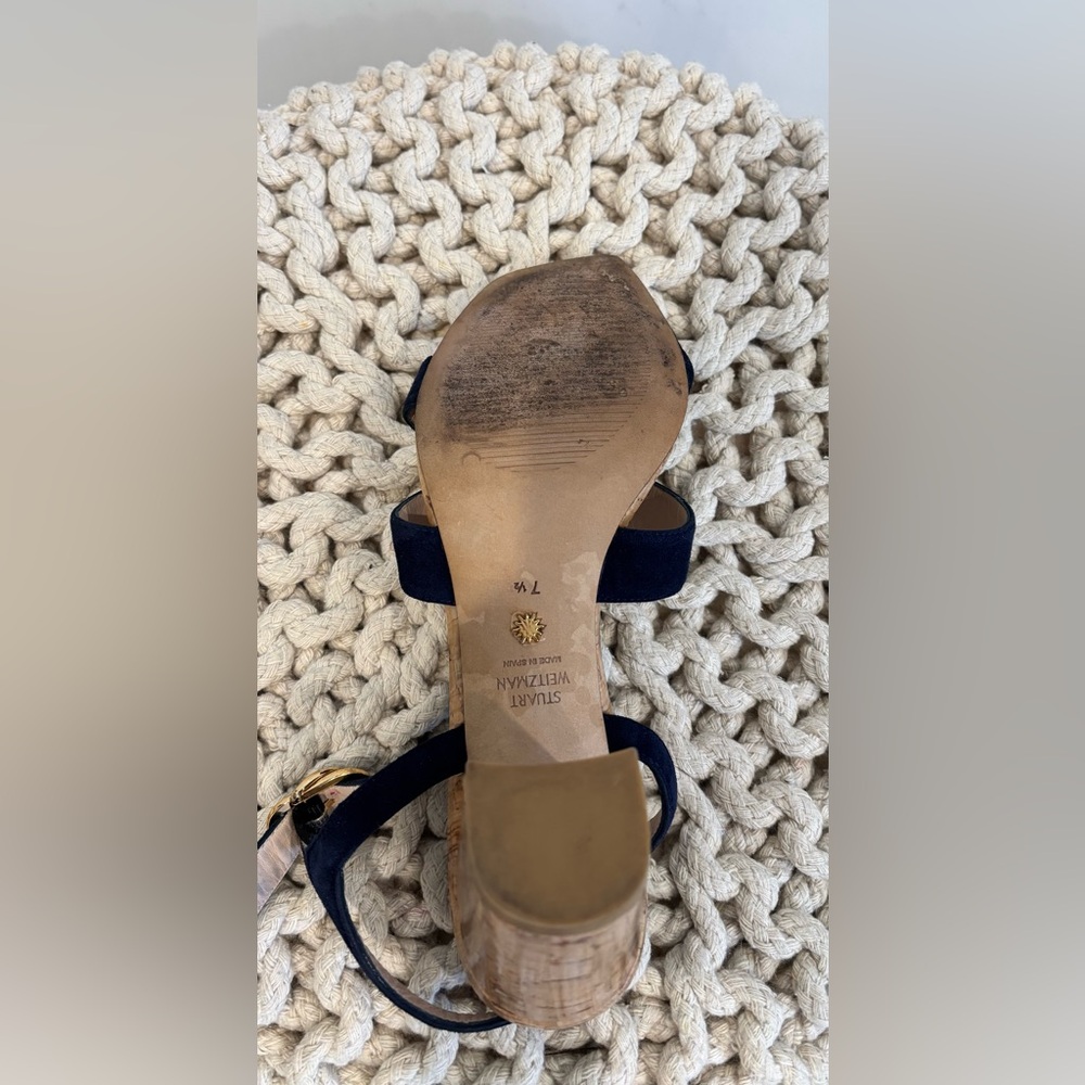 Stuart Weitzman Navy Suede Cork Block Heel Sandals - Picture 7 of 7